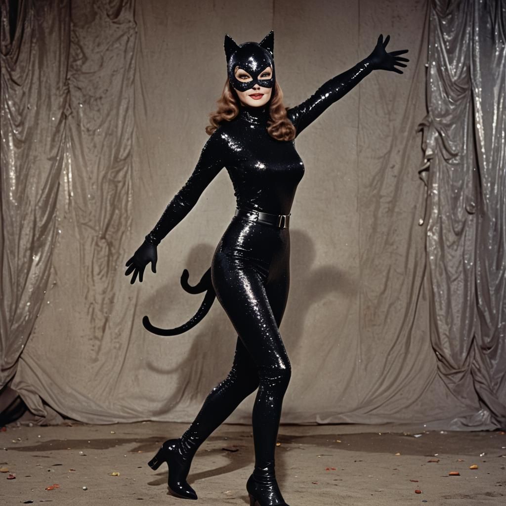 Catwoman in Black Sequin Gown and Cat Mask