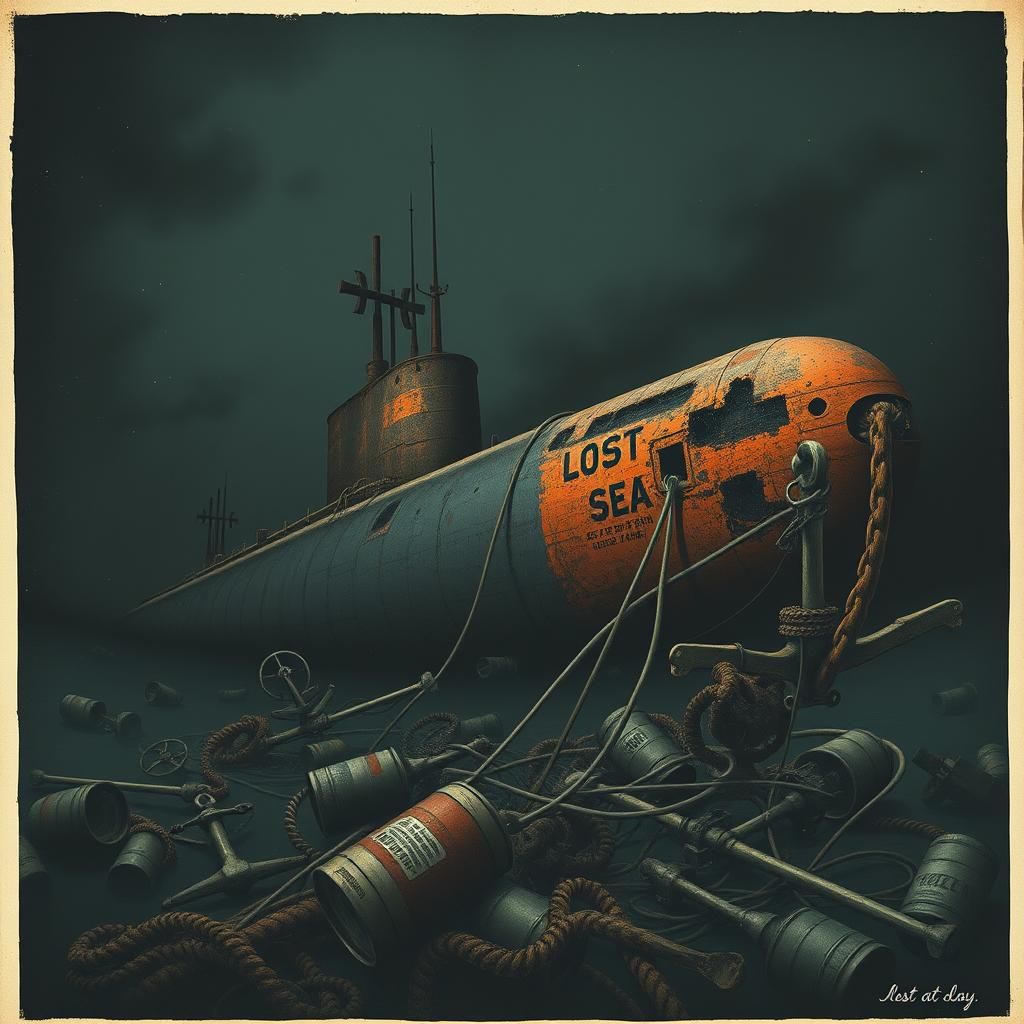Submarine Wreck in Murky Depths: Dystopian Underwater Scene