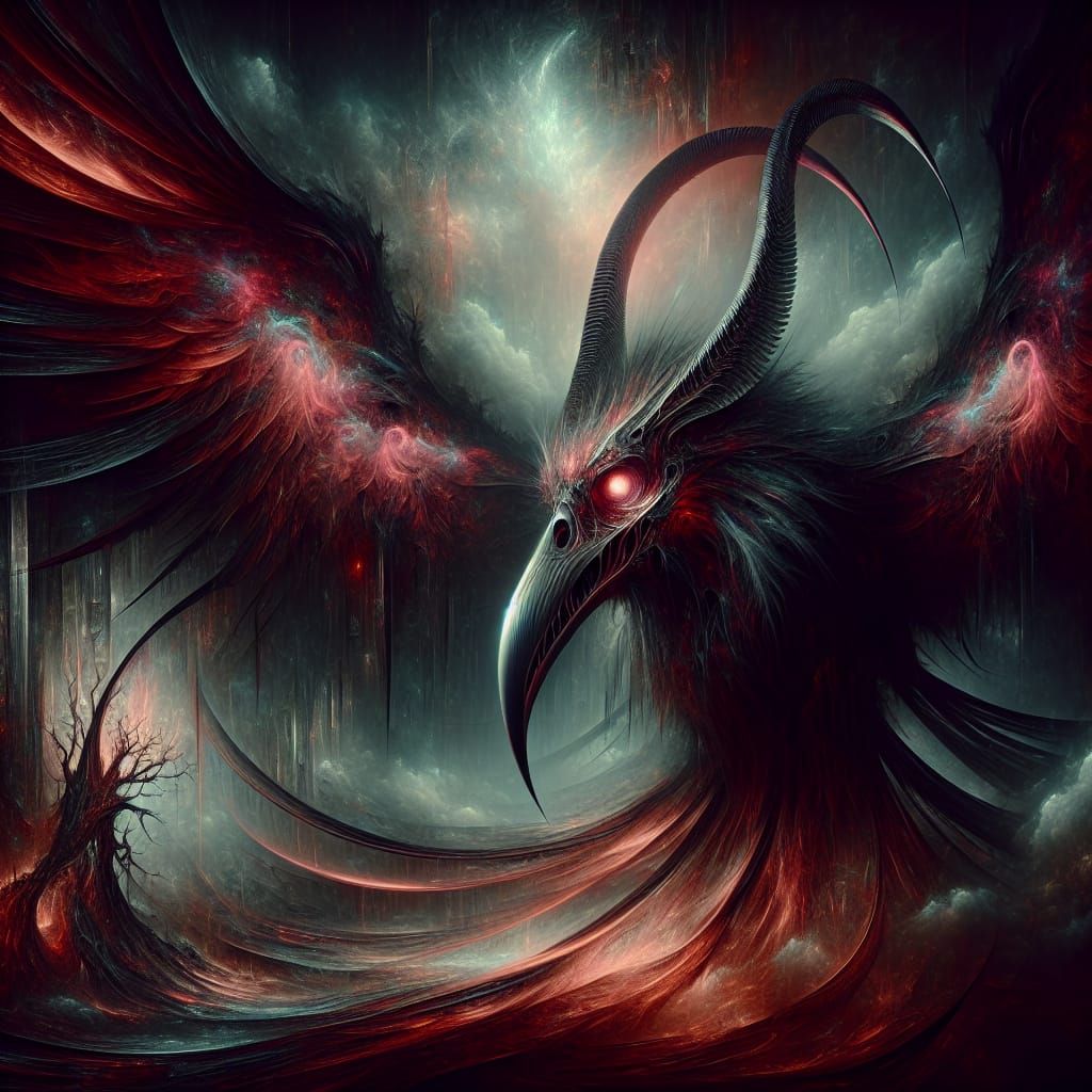 Ominous Red and Black Bird in Dark Fantasy