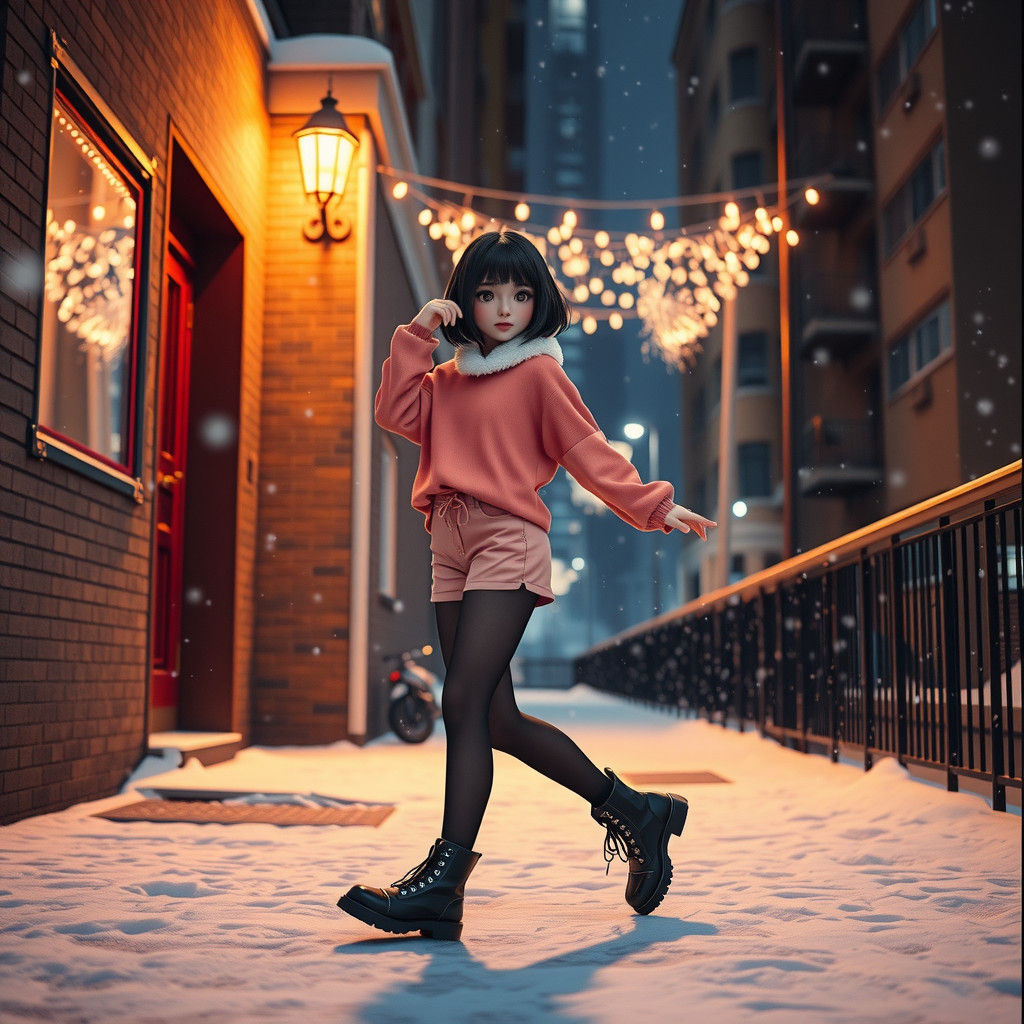 Cute Woman Dancing in First Snow at Night