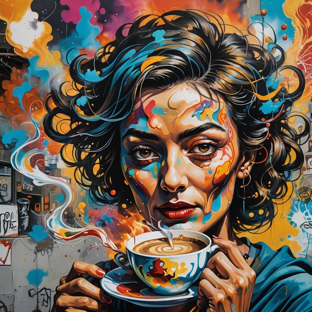 Fairy Woman Sipping Coffee in Street Art Style