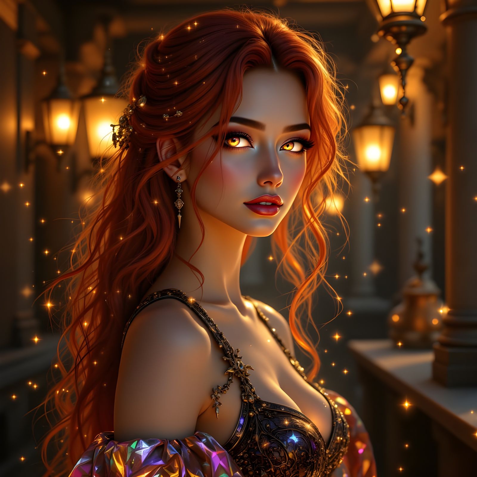 Mystical Glowing Portrait of a Half-Elf Woman in Tavern