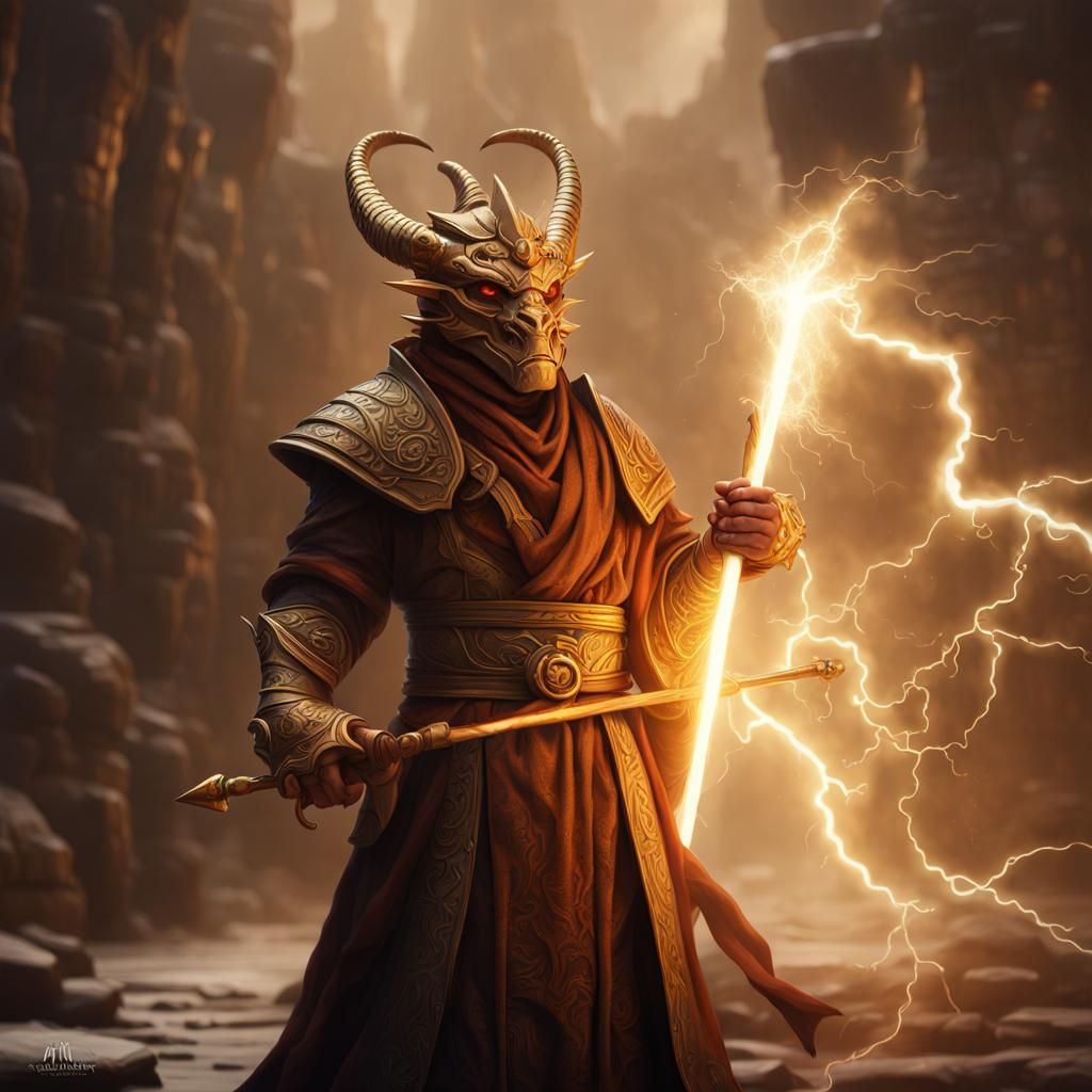Dragonborn Monk with Lightning Staff, Fantasy Concept Art