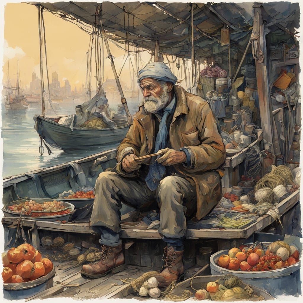 A Weathered Fisherman in introspective repose, amidst a vibr...