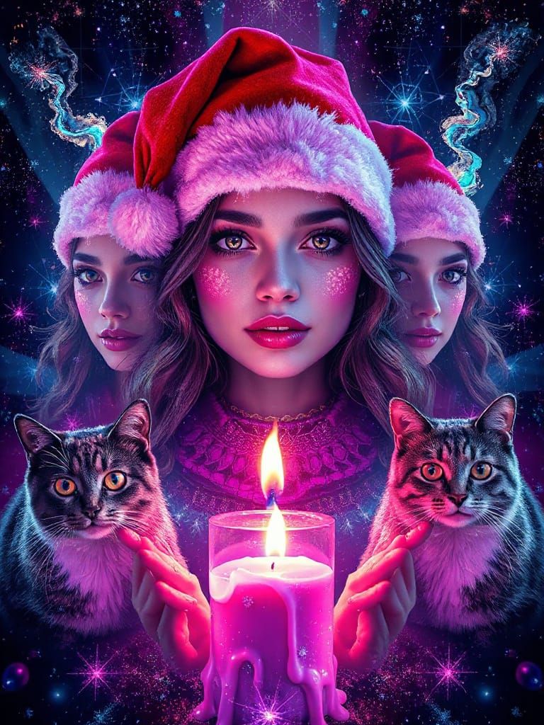 Psychedelic Christmas Hallucination with Santa Hats and Cats