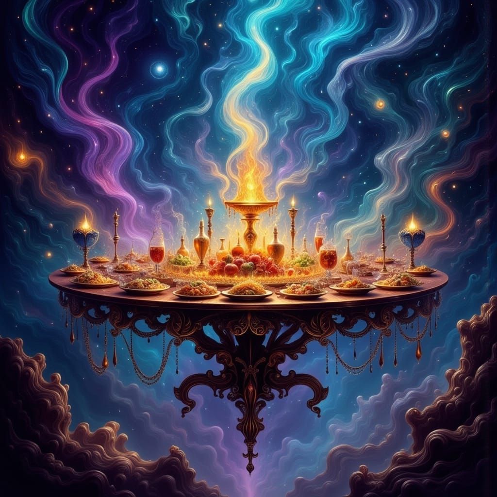 Enchanted Banquet Table Floats Through Starlit Sky