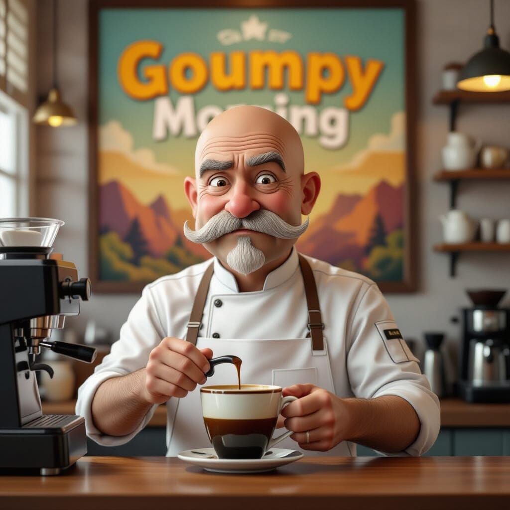 Grumpy Barista Brews Coffee: Hyperrealistic CGI Portrait