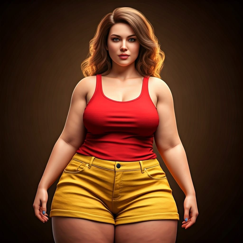 Plus-Size Woman in Red Tank Top, Hyperrealistic