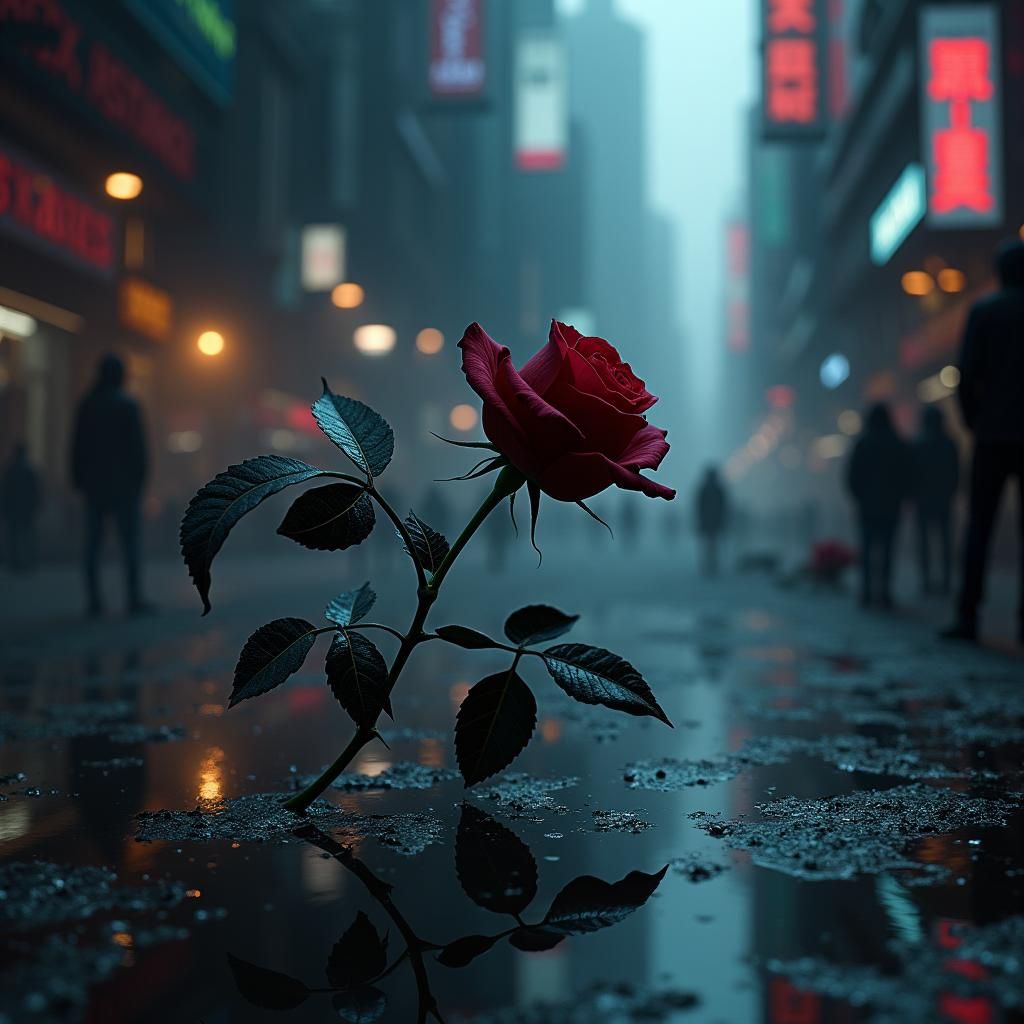 Black Rose in Dystopian Cyberpunk Cityscape