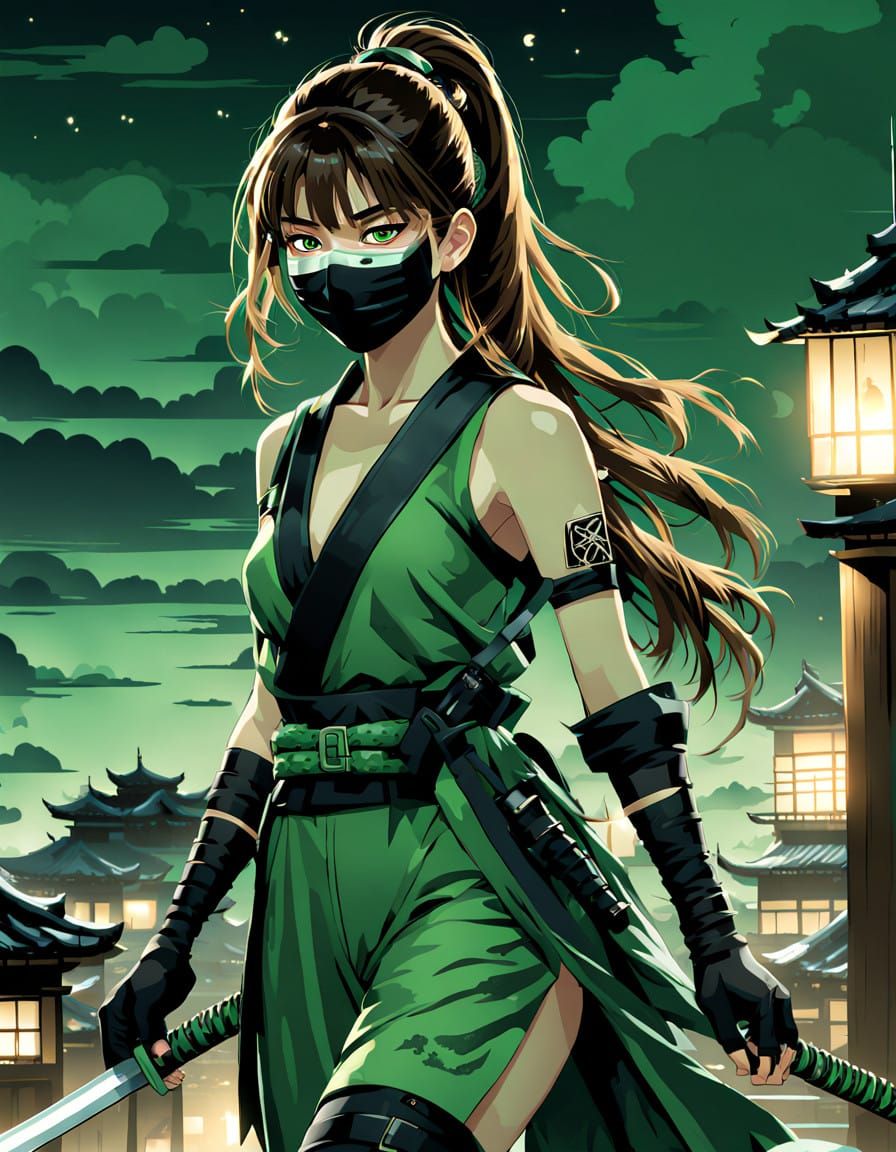 Female Ninja Warrior in Stealthy Green Attire