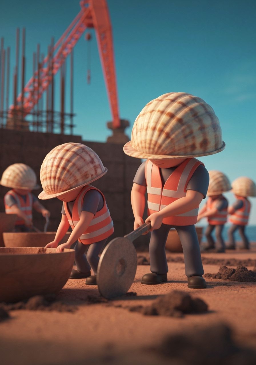Seashell Hard Hats: Surreal Seaside Construction Scene