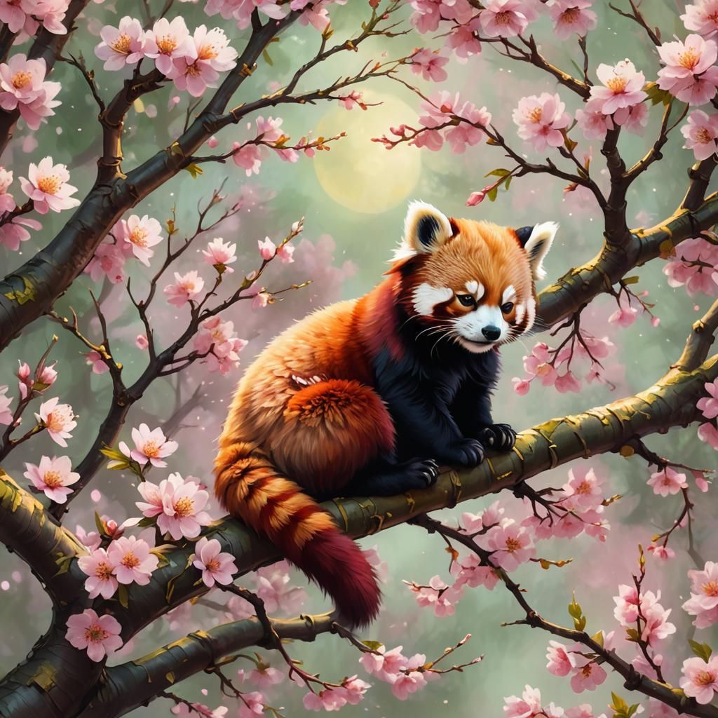 Baby Red Panda Asleep on Cherry Blossoms