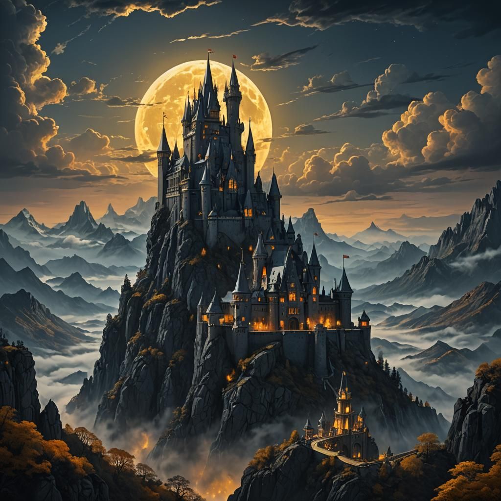 Majestic Black Castle Under Yellow Moon, Matte Painting