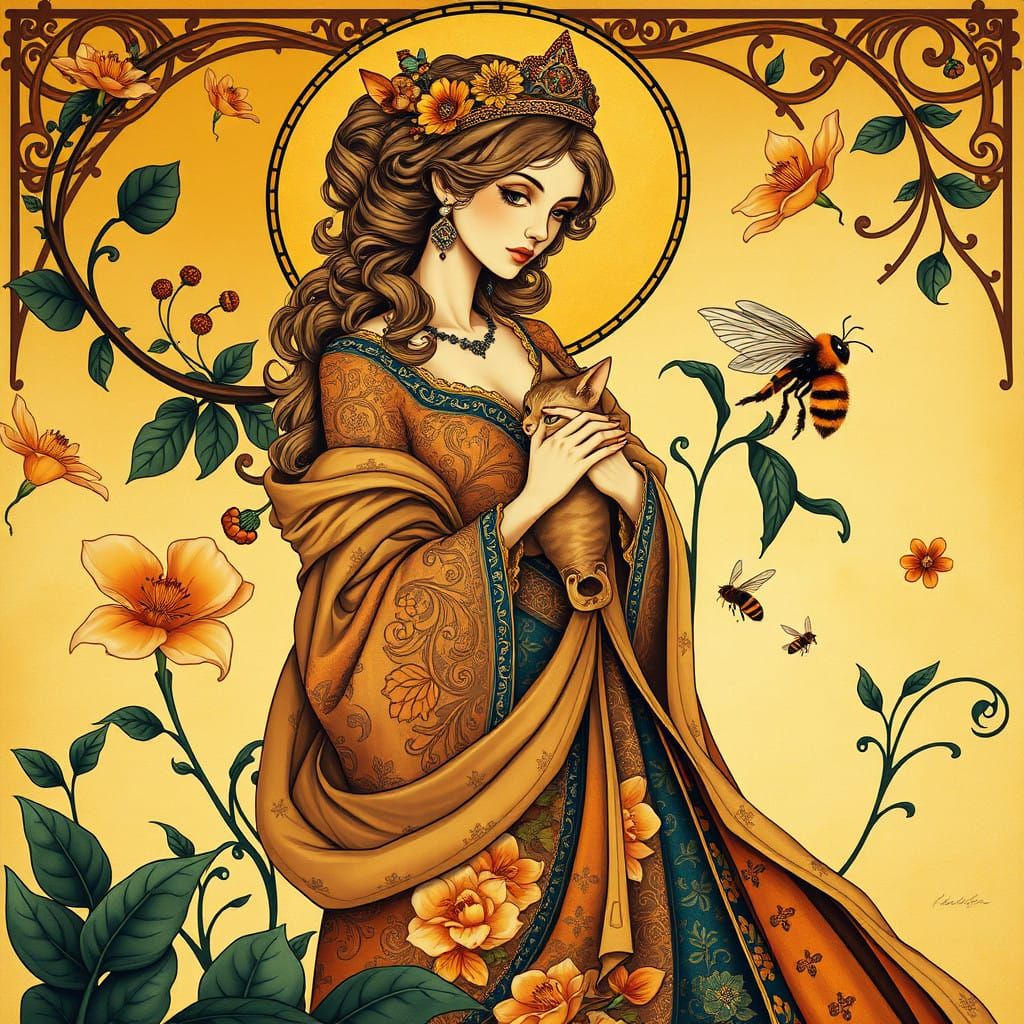 Regal Woman in Whimsical Art Nouveau Mural