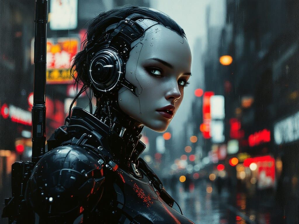 Cyborg Warrior in Neo Tokyo Streetscape