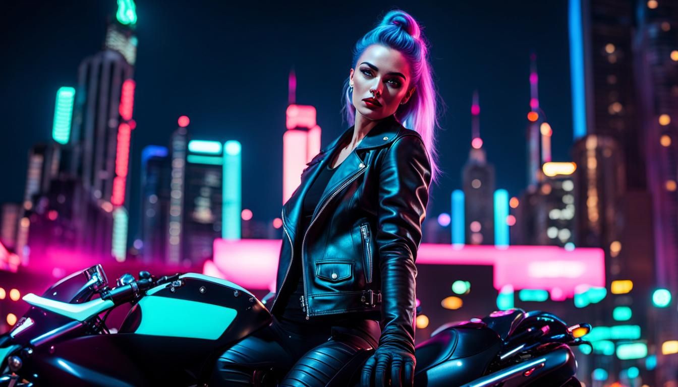 Woman on Sports Bike in Synthwave Neon City