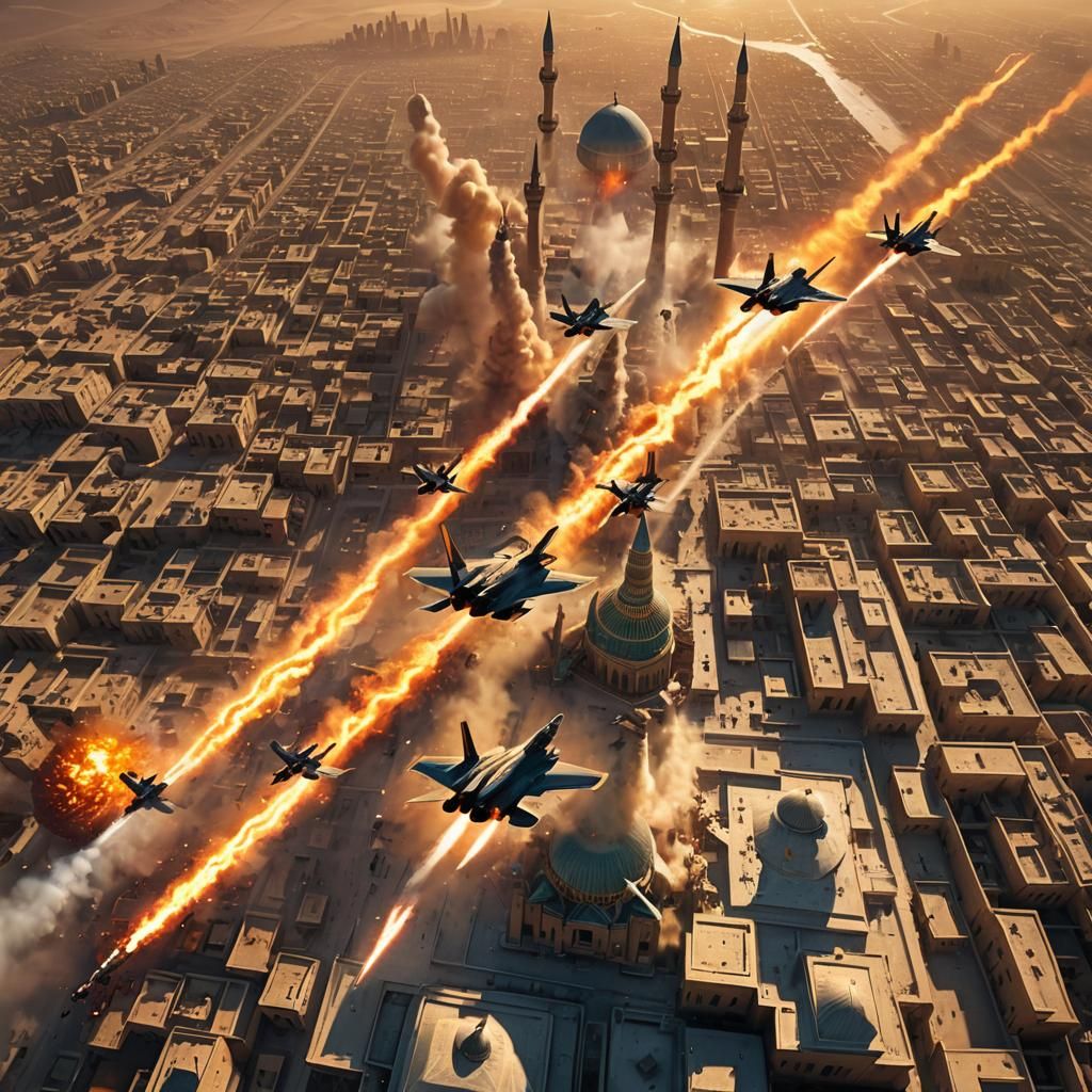 Aerial Attack on Iranian Mosques in Fantasy Concept Art