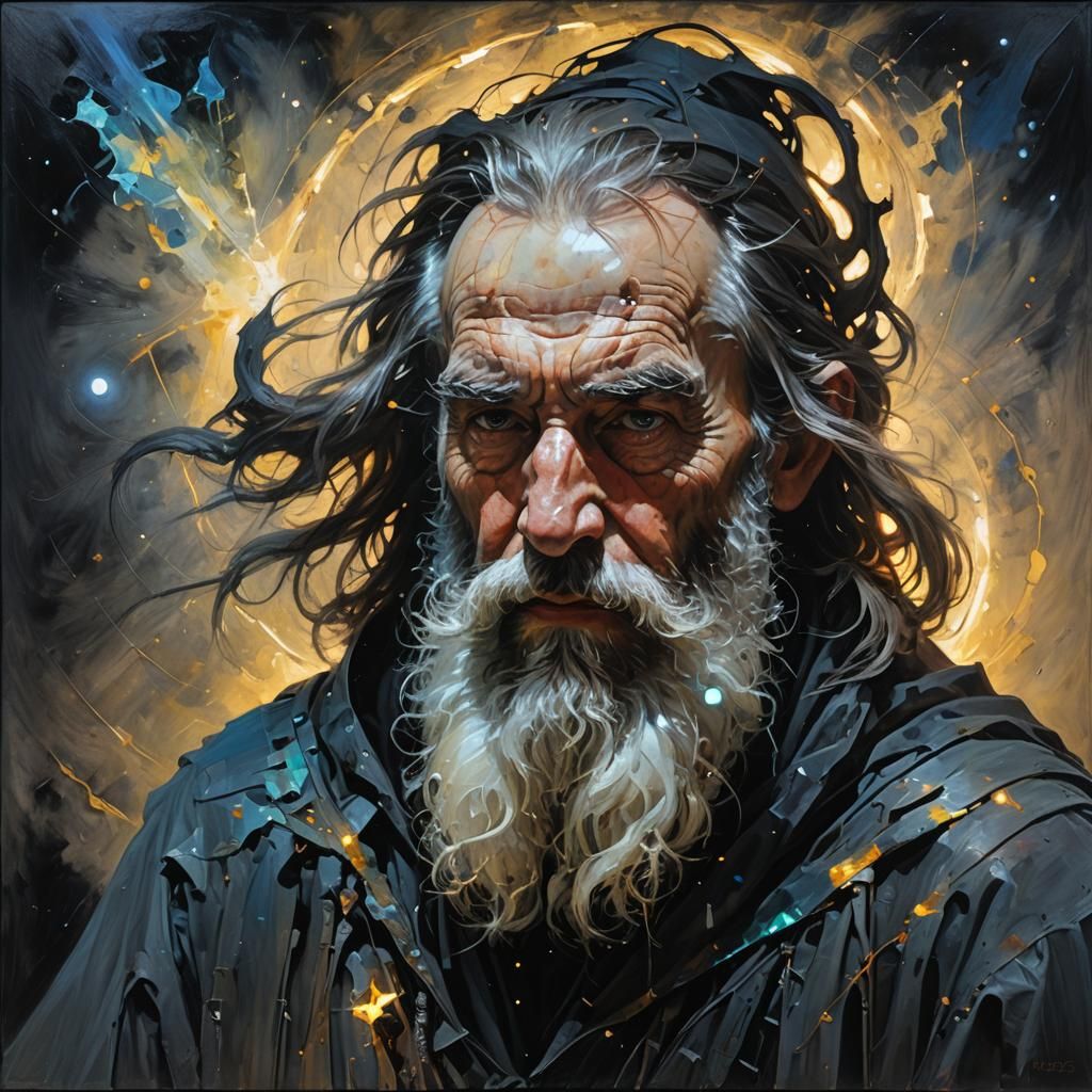 Mysterious Bearded Sorcerer Portrait in Impasto Oil