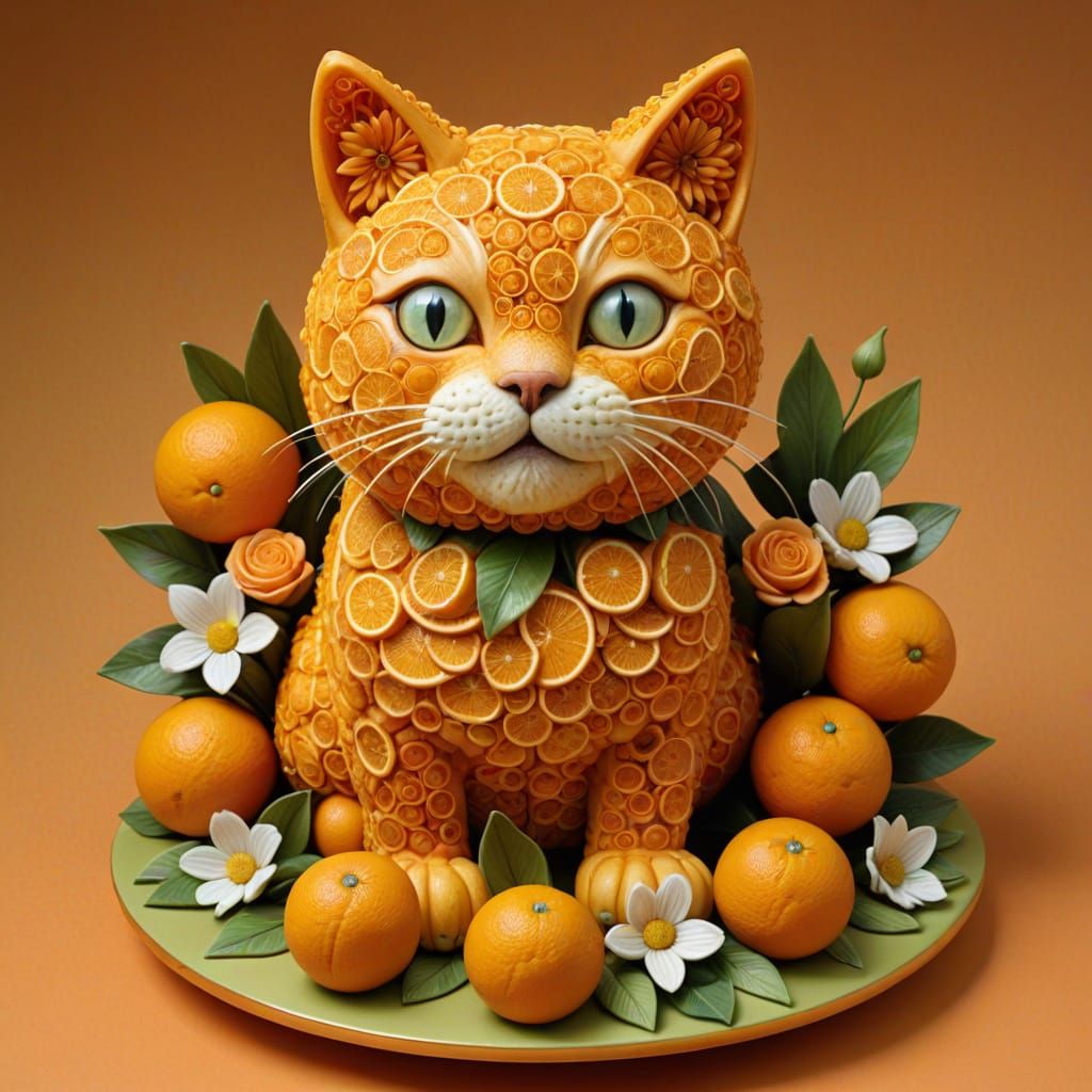 Vibrant Orange Cat Sculpture in Whimsical Style