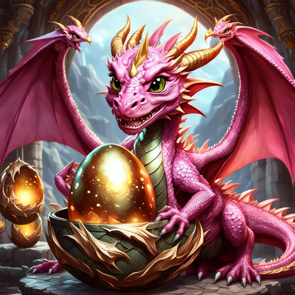 Sparkling Pink Dragon Hatching From Golden Egg