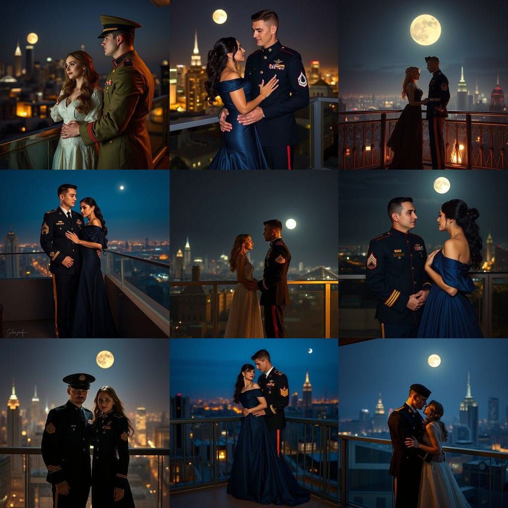 Moonlit Balcony: Soldier and Wife in Cinematic Portrait
