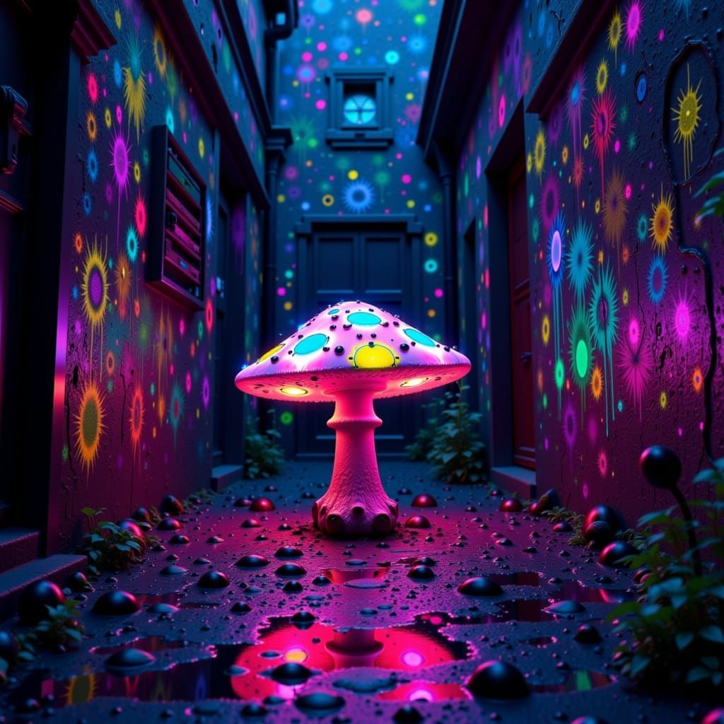 Bioluminescent Mushroom Graffiti Art in Cyberpunk Style