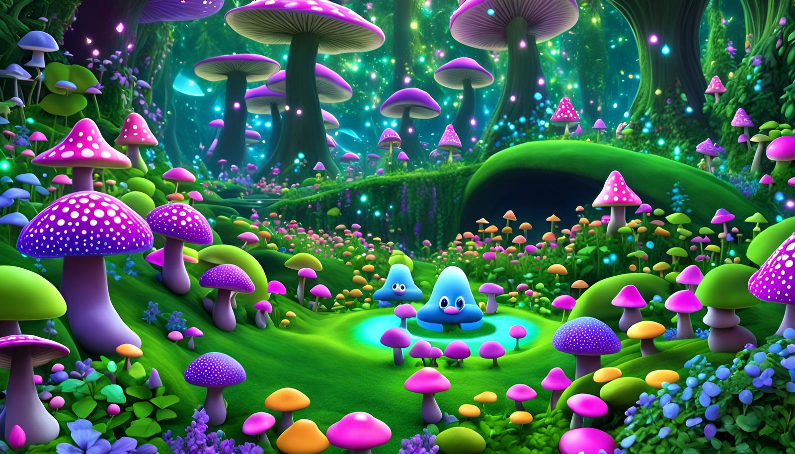 Mushroom People in a Glowing Fantasy World