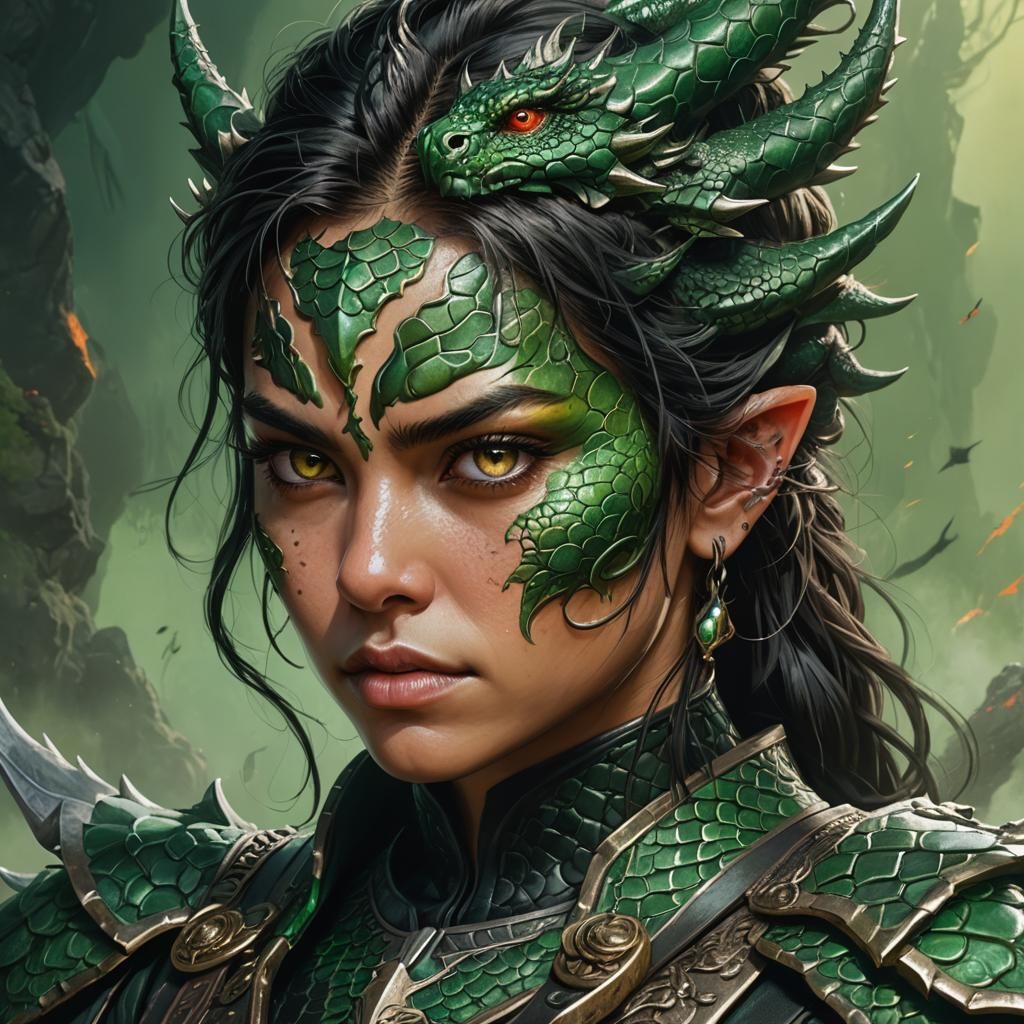 Warrior Woman with Dragon in Hyperrealistic Splash Art