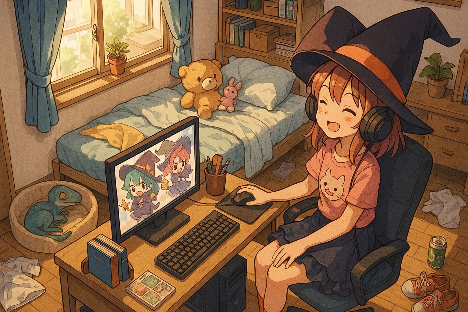 Cozy Anime Apartment with Girl and Baby Velociraptor