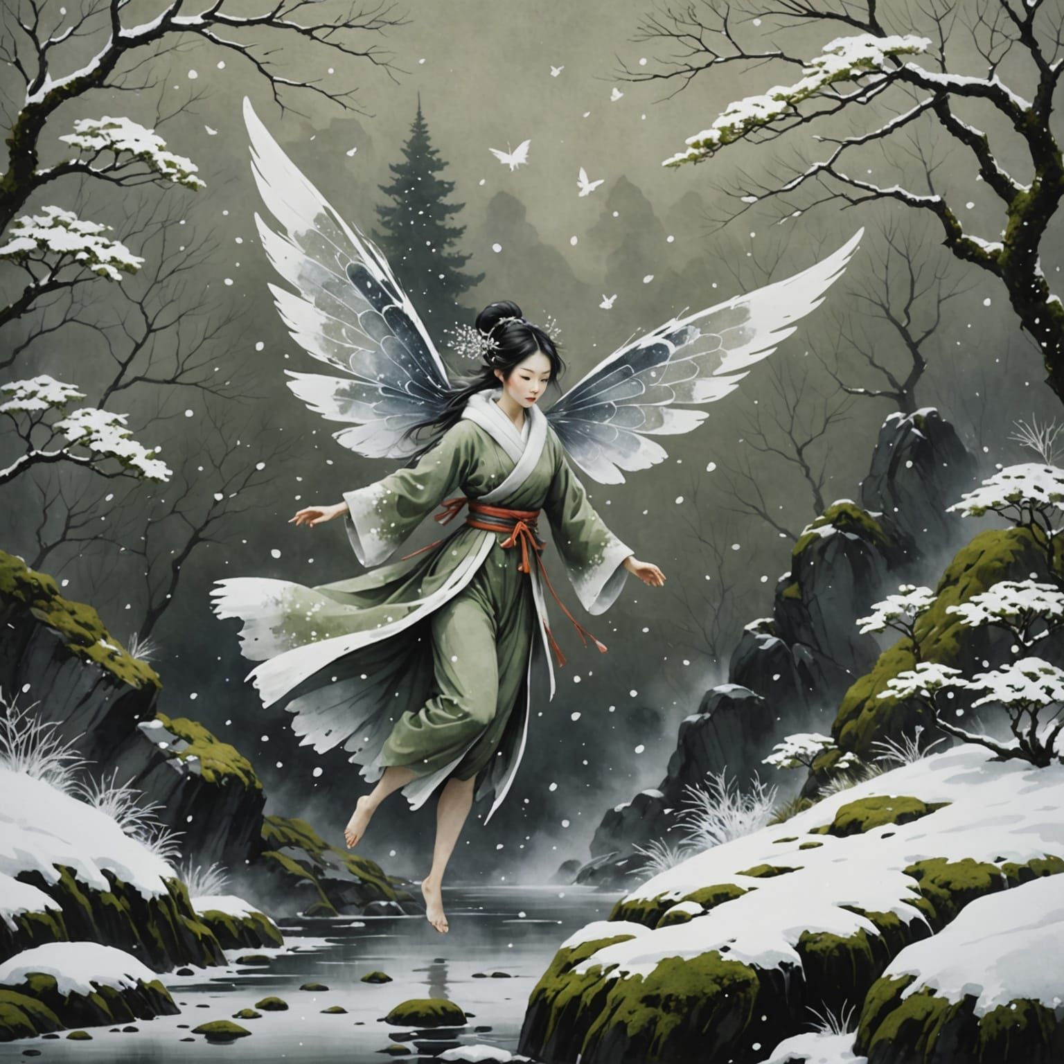 Winter Fairy with Sumi-e Wings in Minimalist Snowscape
