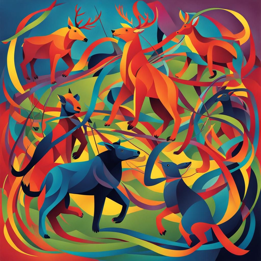 Animals Dancing Around a Maypole in Abstract Art
