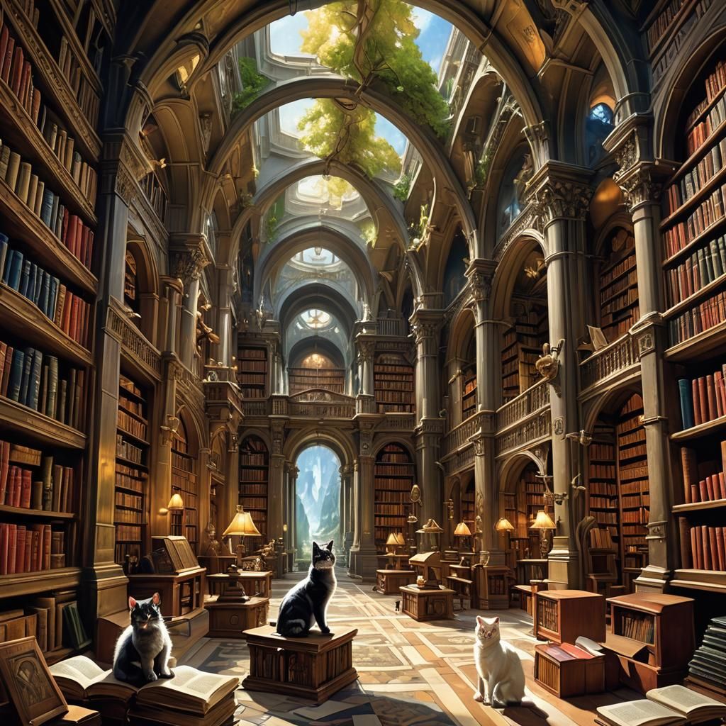 Ancient Library Scene with Cats in Gothic Style