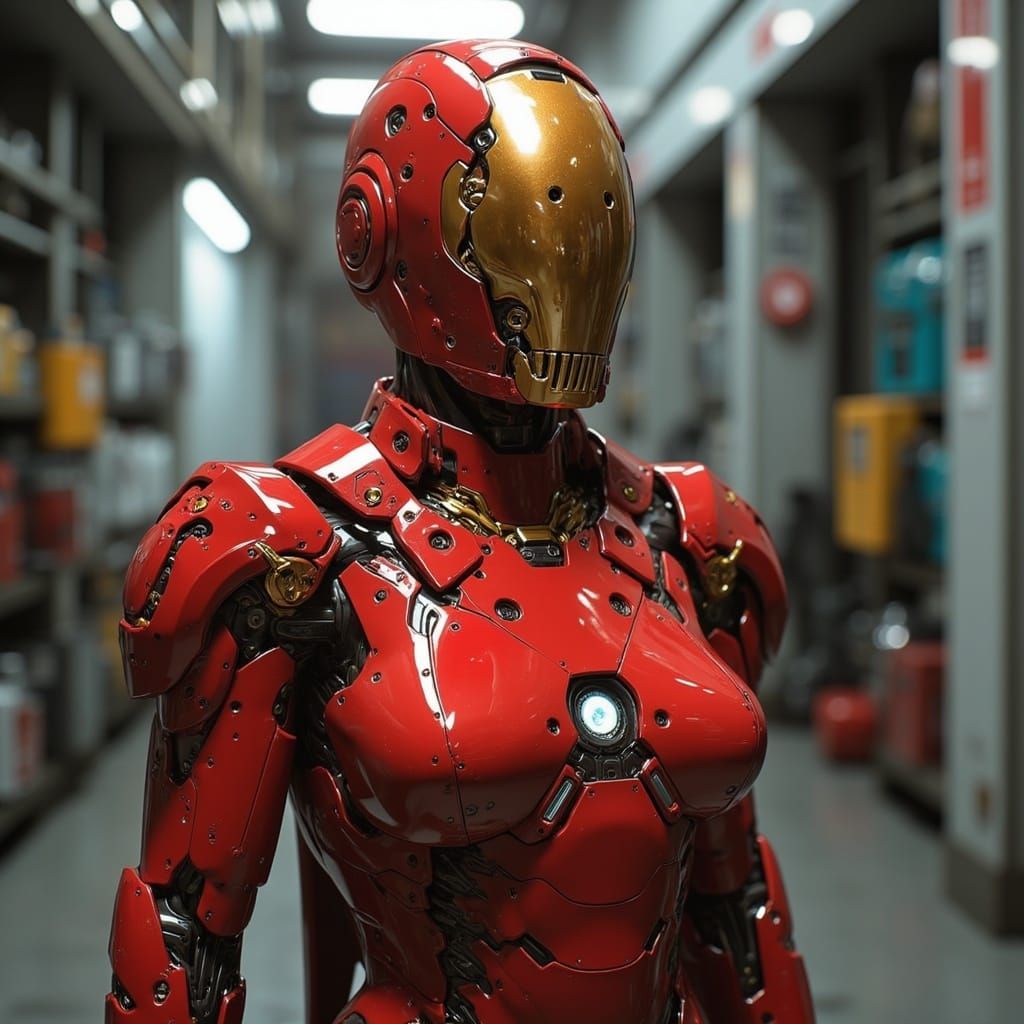 Cyberpunk Warrior Woman in Red and Gold Armor