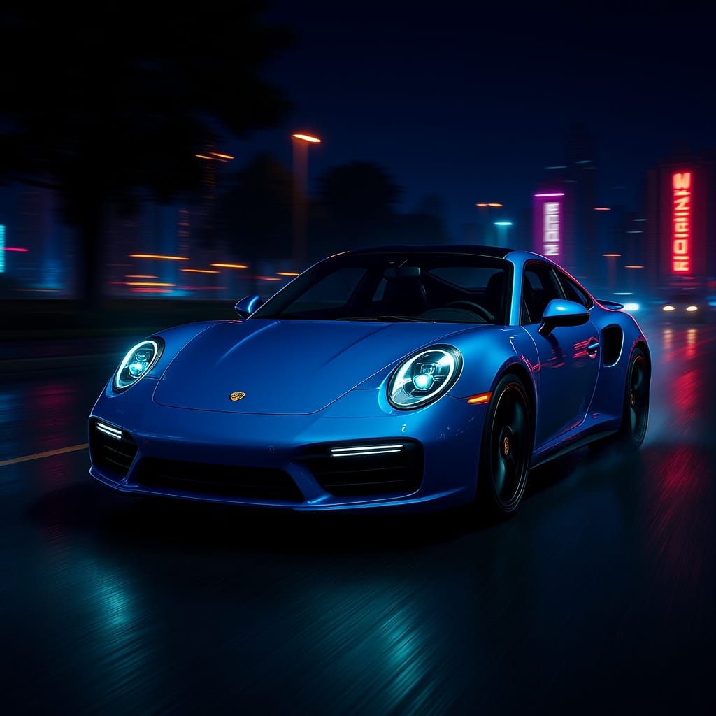 Metallic Blue Porsche 911 Turbo S at Night