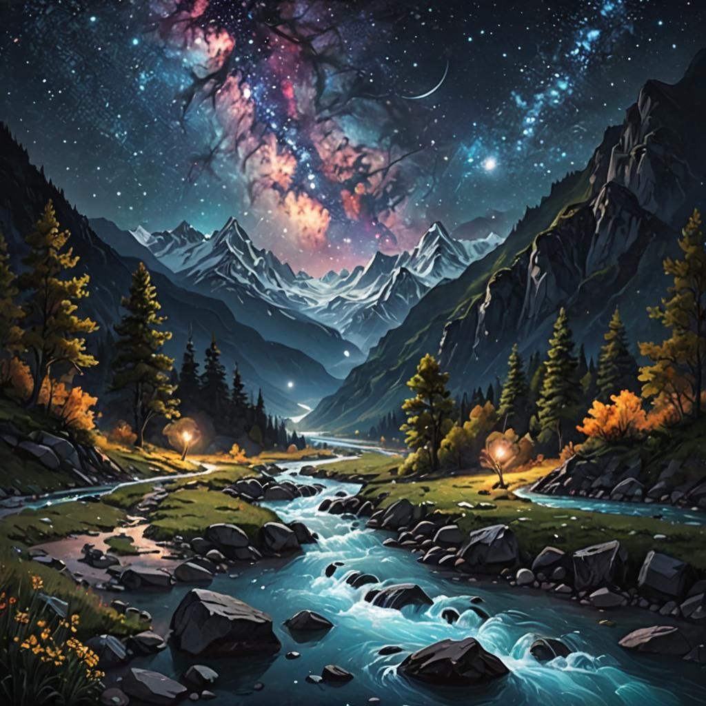 Cosmic Night Over Magical Mountainside River