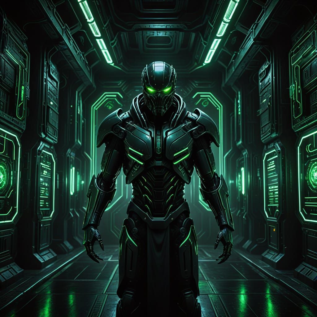 Dark Cyberpunk AI Entity Dominates a Futuristic Lab