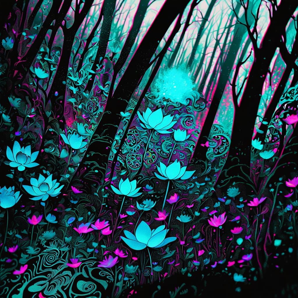 Turquoise Lotus Blooms: Fantasy Ink Wash Painting