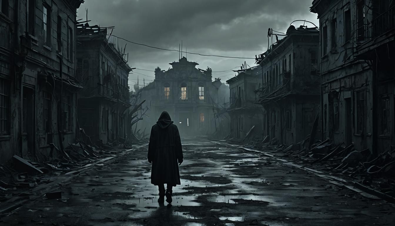 Eerie Figure in Abandoned Town: Dark Fantasy Art