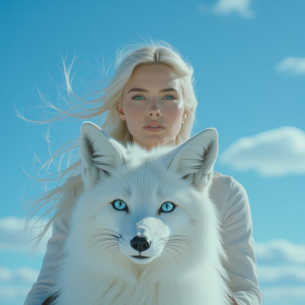 Woman Rides White Fox in Cinematic Film Still