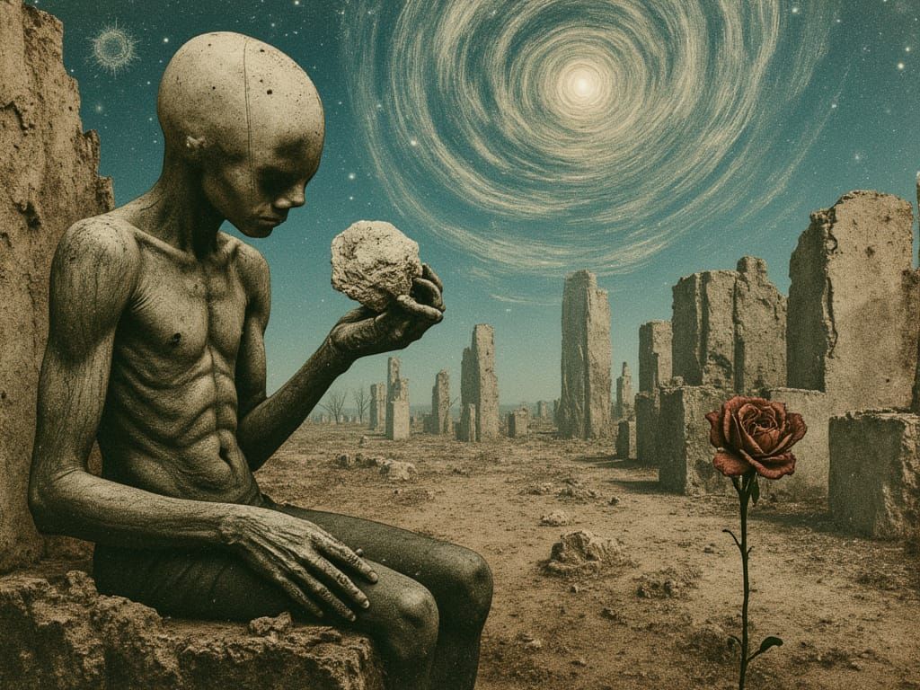 Android Contemplates Rose in Post-Apocalyptic City