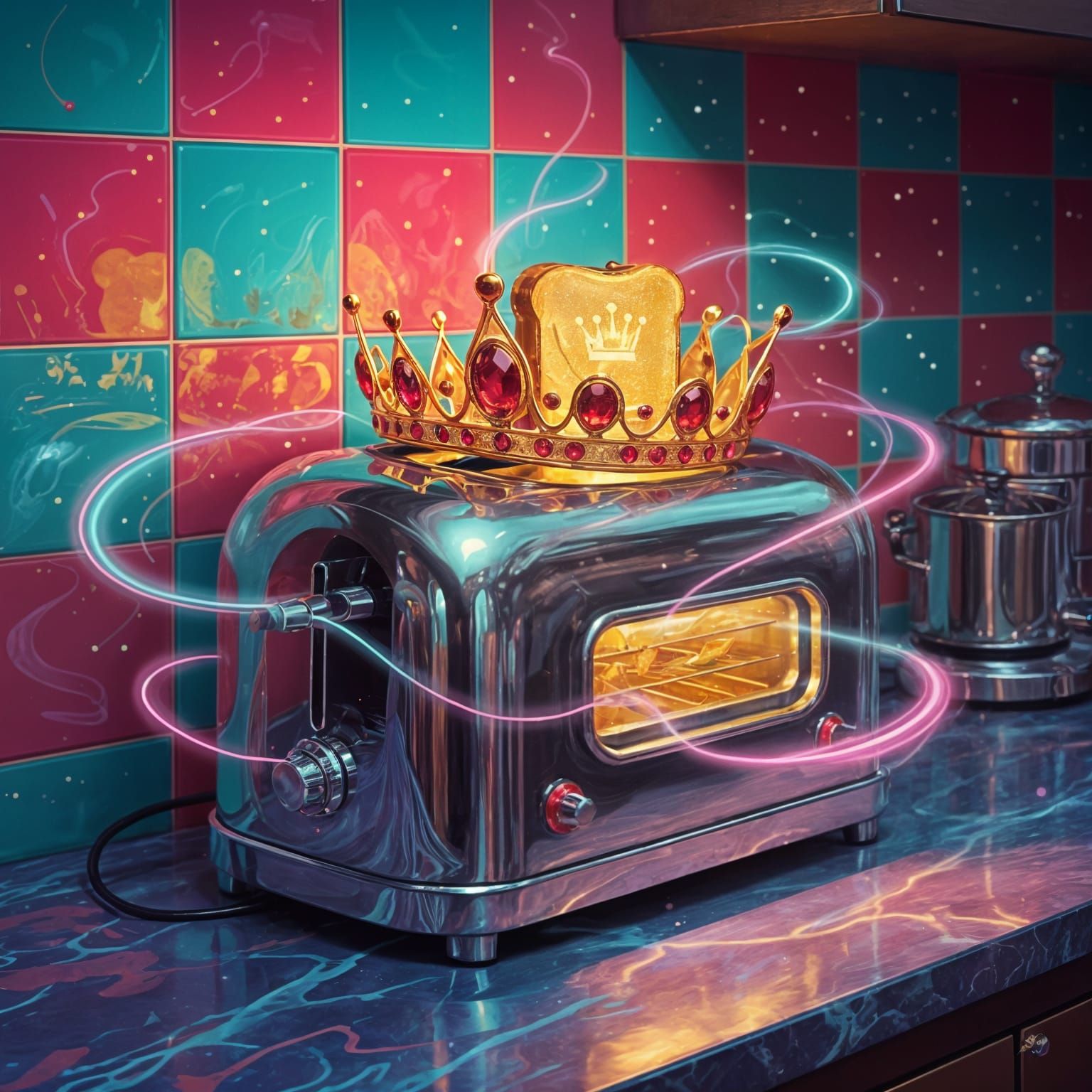 Golden Tiara Balances on Toaster with Ruby Reflections