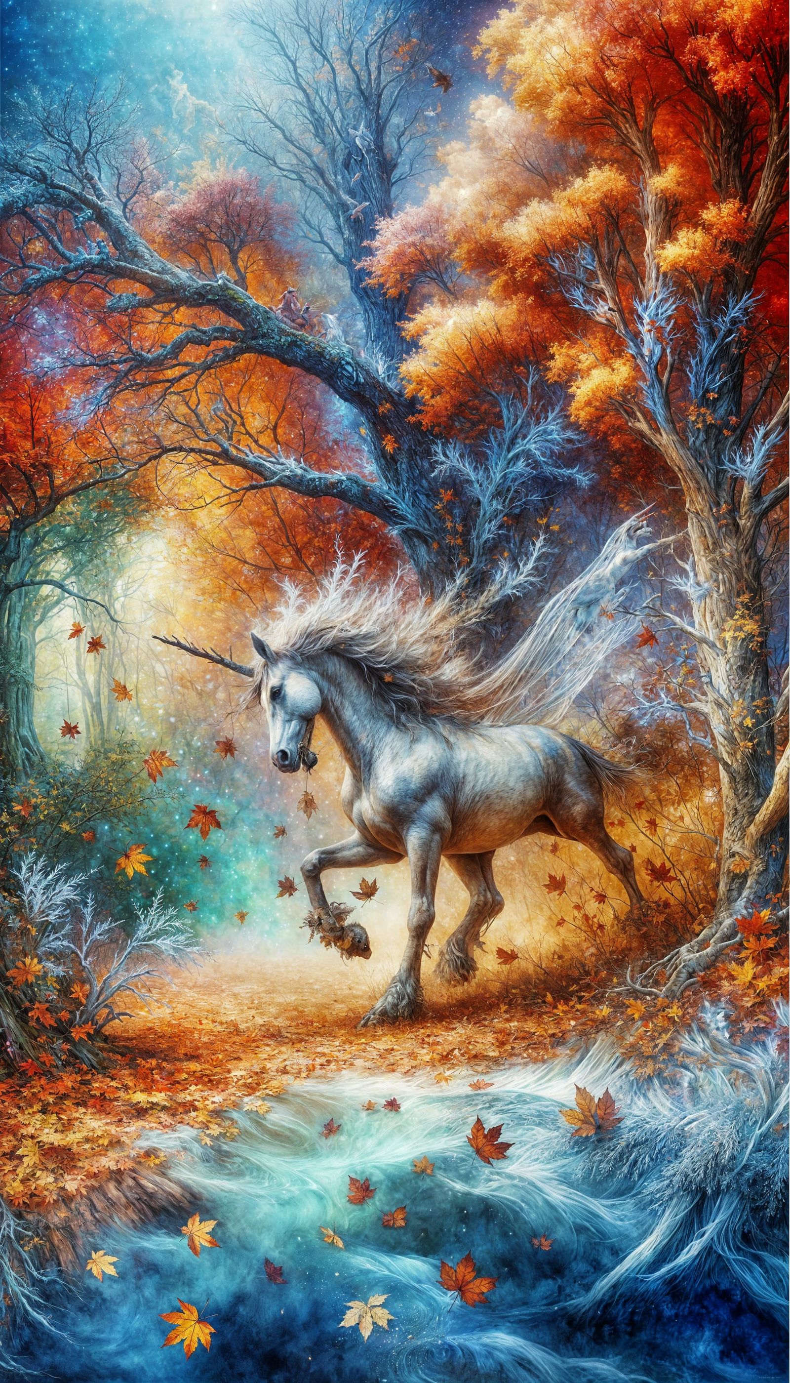 Unicorn's Autumn Frolic in Bleeding Watercolor Style