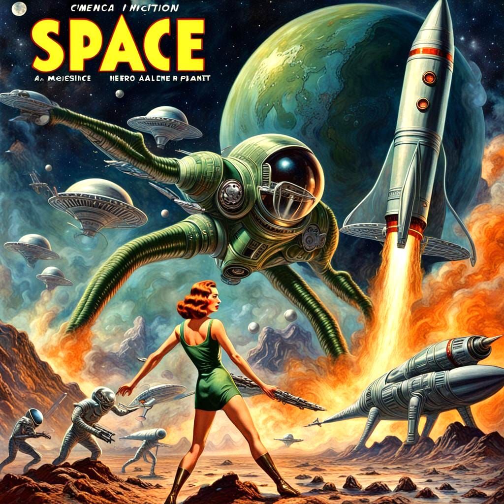 Retro Sci-Fi Magazine Cover: Hero and Heroine Fight Aliens