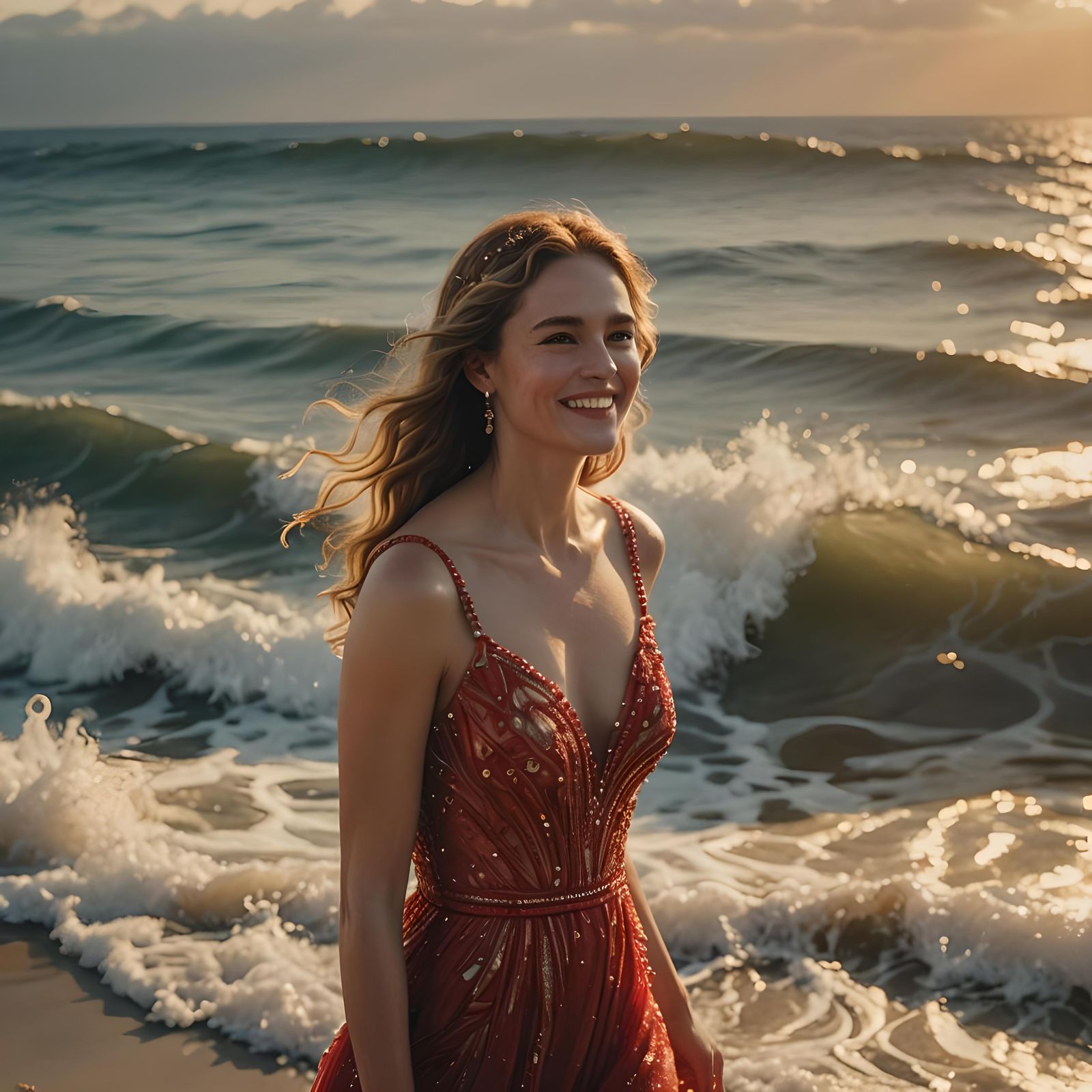 Woman in Red Gown at Ocean Sunset