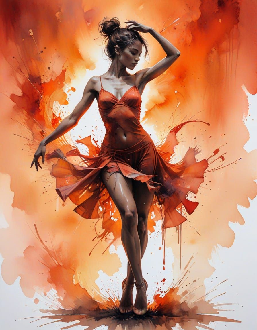 Dancer Silhouette Against Fiery Sunset in Watercolor Style