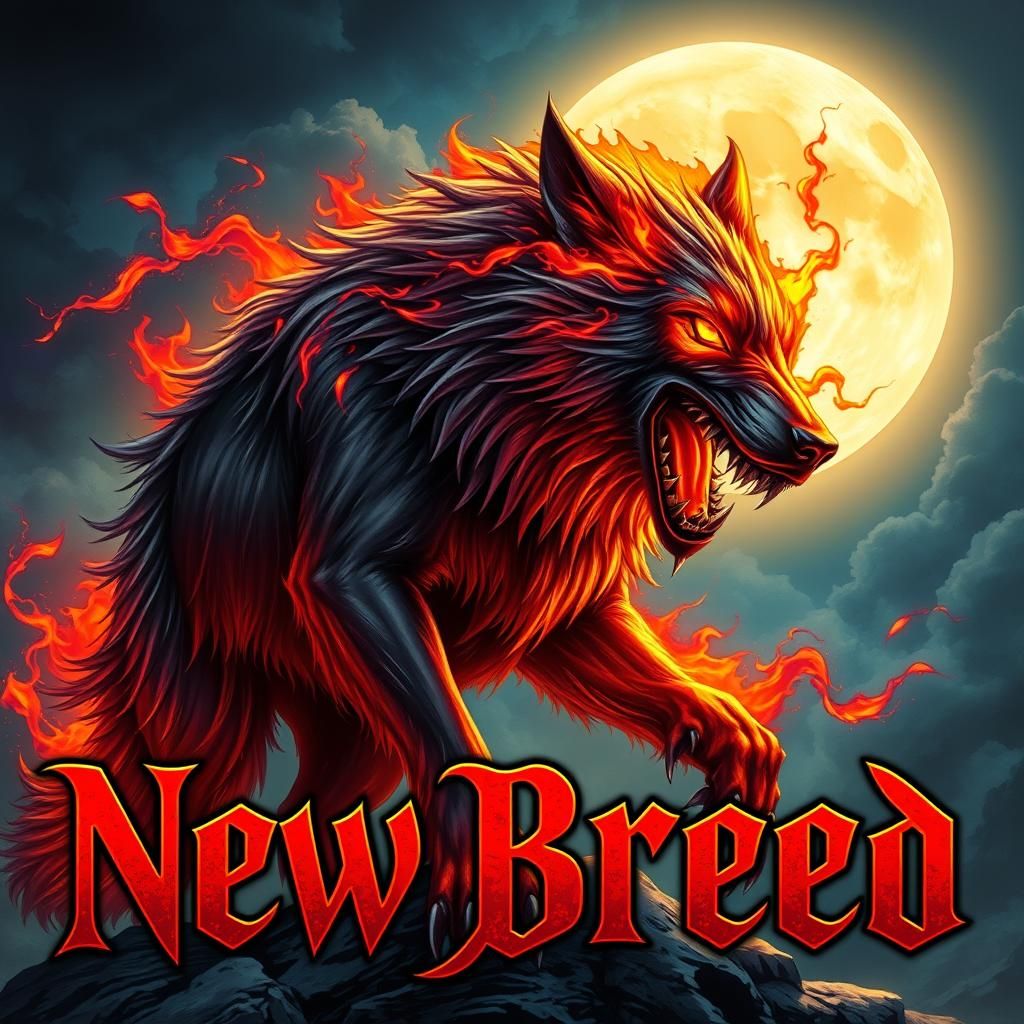 Flaming Dire Wolf Under Full Moon in Hyperrealism