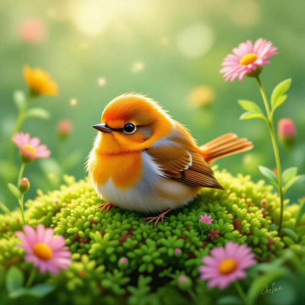 Orange Bird on Moss Bed in Dreamlike Scene