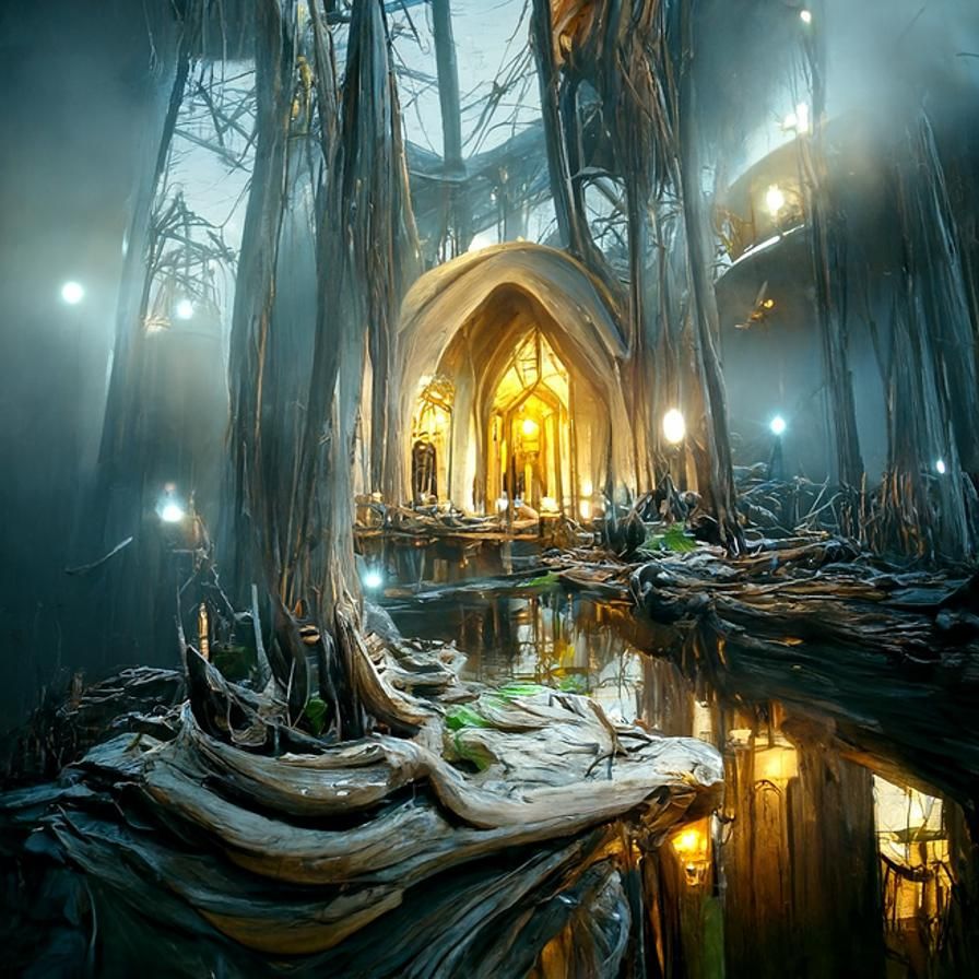 Elven Swamp Cathedral: Hyperrealistic Concept Art
