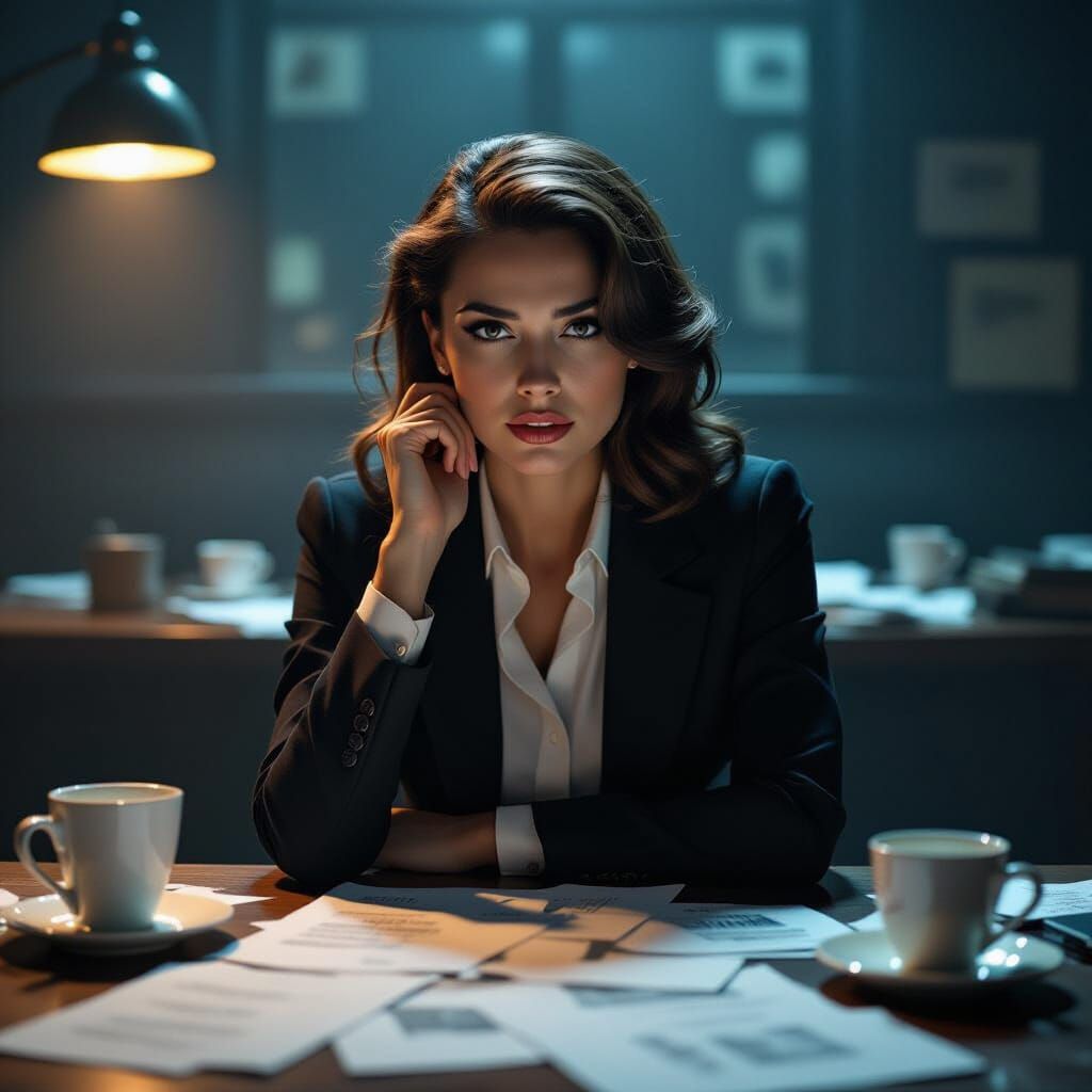 Anxious Woman in Film Noir Style Room