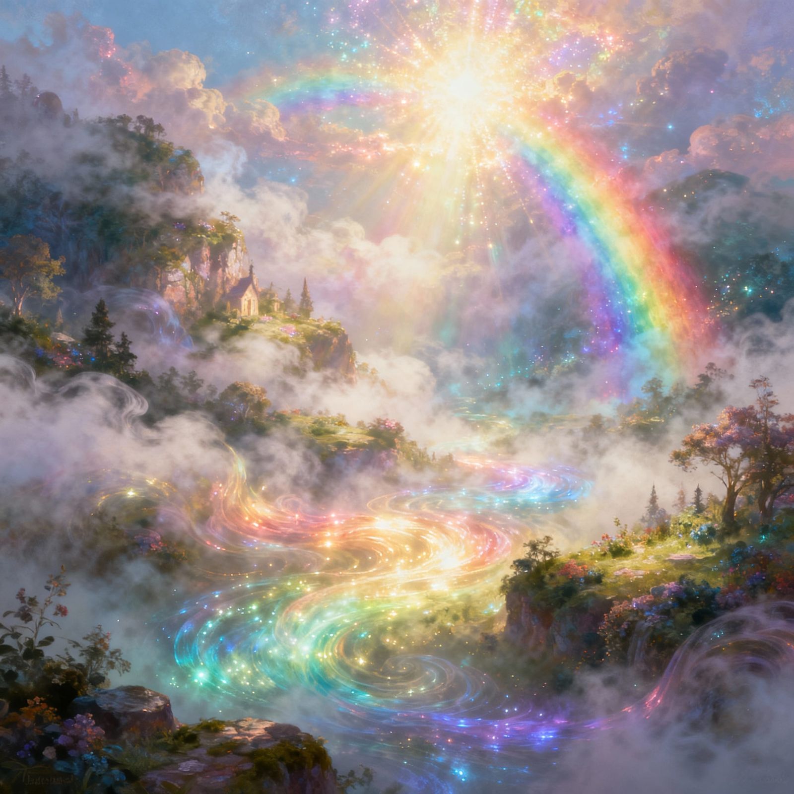 Ethereal Rainbow Mist Landscape in Thomas Kinkade Style